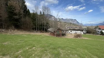 Weitläufige grüne Wiese mit Waldrand und Blick auf die beeindruckende Bergkulisse unter bewölktem Himmel.
