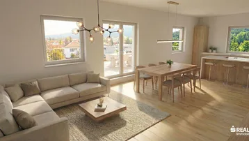 Moderner offener Wohn-Essbereich mit integrierter Küche, hellen Böden und Zugang zur Terrasse mit Bergblick.