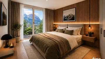 Gemütliches Schlafzimmer mit Holzwand, Balkonzugang und atemberaubendem Bergblick.