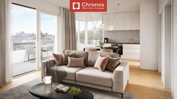Modernes Wohnzimmer mit offener Küche, Holzboden und Zugang zu einem großen Balkon.