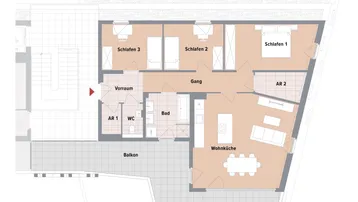 Grundriss einer Wohnung mit drei Schlafzimmern, offener Wohnküche und großem Balkon.