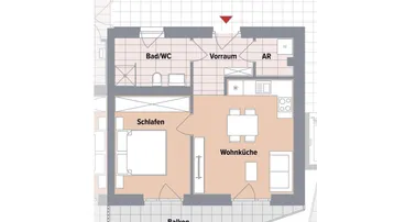 Grundriss einer Wohnung mit Schlafzimmer, Wohnküche, Bad/WC, Vorraum und Balkon.