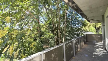 Langer Balkon mit Glasgeländer und üppiger grüner Bepflanzung im Hintergrund.