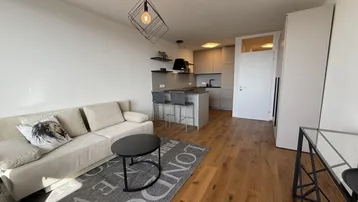Offener Wohnbereich mit Sofa, Couchtisch und integrierter moderner Küche mit Barhockern.