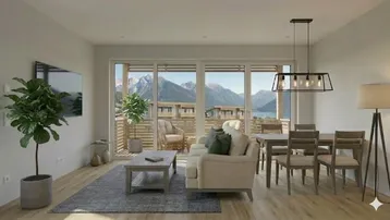 Heller Wohn- und Essbereich mit modernem Design, Holzboden und beeindruckendem Berg- und Seeblick.