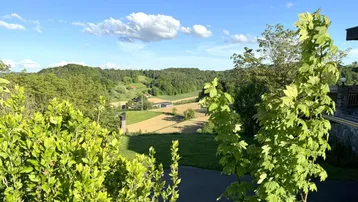 Weitläufiger Blick über grüne Hügel und Felder unter einem strahlend blauen Himmel.