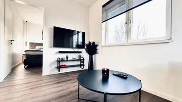 Helles Wohnzimmer mit modernem Dekor, Holzboden und Blick in ein angrenzendes Schlafzimmer.