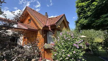 Charmantes Holzhaus mit rotem Ziegeldach und blühenden Sträuchern unter blauem Himmel.