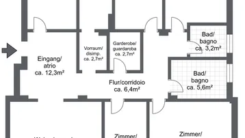 Grundriss mit mehreren Zimmern, zwei Bädern und zwei Balkonen von ca. 14,9m² und 16,3m².