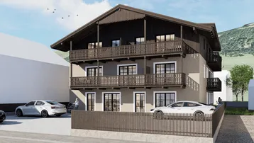 Visualisierung eines modernen Mehrfamilienhauses im alpinen Stil mit Holzbalkonen und Parkplätzen.