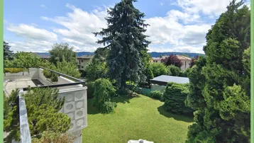 Blick von der Terrasse auf den grünen Garten mit hohen Bäumen und umliegenden Häusern unter blauem Himmel.