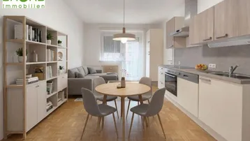 Möblierter offener Wohn- und Küchenbereich mit Essplatz, Sofa und Regalen, hell und modern gestaltet.