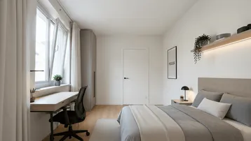 Helles Schlafzimmer mit modernem Bett, Schreibtisch und Kleiderschrank, ideal für Studenten oder Singles.