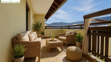 Geräumiger Balkon mit Korbmöbeln und einem atemberaubenden Blick auf die Berge.