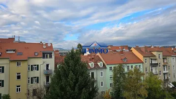 Panoramablick über die Dächer der Stadt mit umliegenden Wohngebäuden und Bäumen.