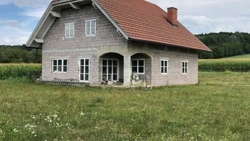 Einfamilienhaus im Rohbauzustand mit Ziegeldach und umgebender Natur.