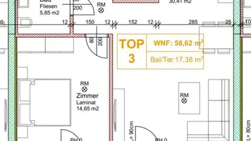 Detaillierter Grundriss von TOP 3 mit Wohnküche, Schlafzimmer, Bad und großer Terrasse.