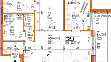 Grundriss einer Wohnung mit offener Wohnküche, Schlafzimmer, weiterem Zimmer, Bad, separatem WC und Balkon.