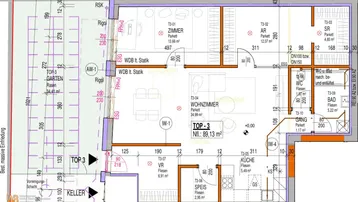 Detaillierter Grundriss der Wohnung TOP-3 mit Garten, separater Küche, Wohnzimmer und mehreren Schlafzimmern.