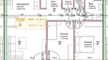 Grundriss zeigt eine Wohnküche, zwei Schlafzimmer, ein Badezimmer, separates WC und einen Balkon.
