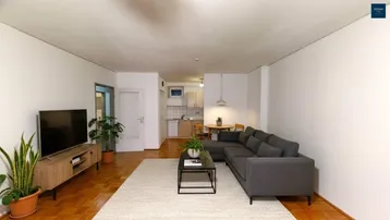 Gemütlicher Wohnbereich mit Sofa, Fernseher und integrierter Küchenzeile, ausgestattet mit Parkettboden.