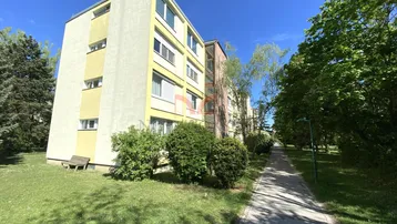 Mehrstöckiges Wohngebäude mit gelber Fassade, umgeben von Grünflächen und Bäumen.