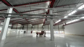 Geräumige, leere Lagerhalle mit hoher Decke, Betonboden und sichtbarer Metallkonstruktion, bereit zur Nutzung.
