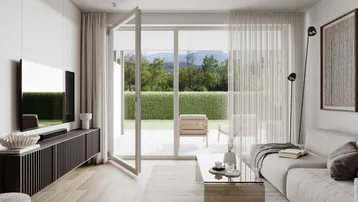 Helles, modernes Wohnzimmer mit Holzboden, minimalistischer Einrichtung und Zugang zur Terrasse mit Gartenblick.