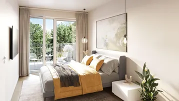 Helles Schlafzimmer mit modernem Bett, Balkonzugang und Blick ins Grüne.
