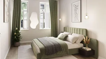 Helles Schlafzimmer mit grünem Polsterbett, Holzfußboden und hohen Fenstern, modern eingerichtet.