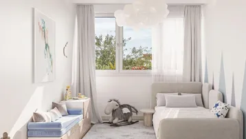 Helles Kinderzimmer mit modernem Bett, Spielbereich und Blick ins Grüne durch große Fenster.