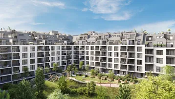 Moderne Wohnanlage mit mehreren Gebäuden und einem begrünten Innenhof mit Spielplatz.
