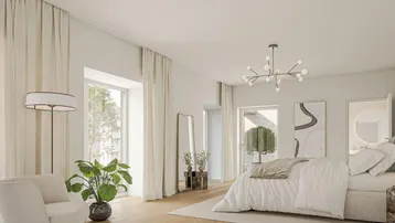 Helles Schlafzimmer mit Holzboden, großen Fenstern und modernem Kronleuchter, ideal für Entspannung.