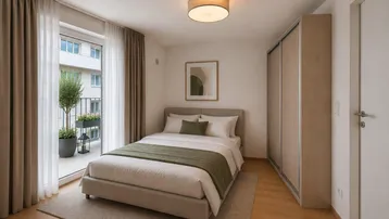 Modernes Schlafzimmer mit Doppelbett, Einbauschrank und Zugang zum Balkon, hell und einladend.
