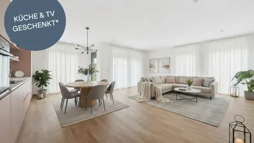 Heller, offener Wohn- und Essbereich mit moderner Küche, Holzboden und großen Fenstern.