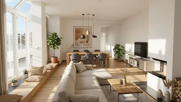 Heller, offener Wohn- und Essbereich mit Holzboden, Kamin und großen Fenstern zur Terrasse.