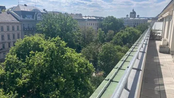 Weitläufige Dachterrasse mit Blick auf die Stadt und grüne Bäume unter blauem Himmel.