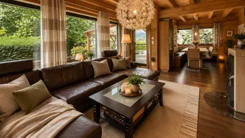 Geräumiges Wohnzimmer mit bequemer Ledercouch, Holzbalkendecke und großen Fenstern.