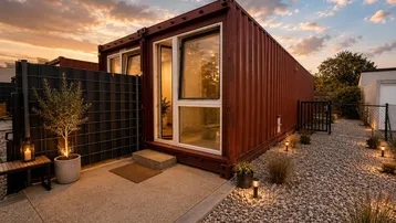 Außenansicht eines modernen Gebäudes aus Schiffscontainern mit Kiesweg und Abendhimmel.