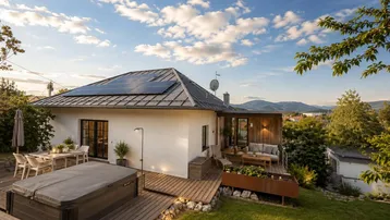 Moderne Villa mit großer Holzterrasse, Whirlpool, Solaranlage und Bergblick.
