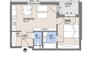 Grundriss einer Wohnung mit offener Wohnküche, Schlafzimmer, Bad, separatem WC, Loggia und Garten.