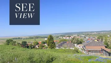 Panoramablick über eine ländliche Siedlung mit weitem Blick auf den See und die umliegende Landschaft.