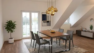 Modern eingerichteter Essbereich mit Holztisch, Designerleuchten und Zugang zu einem Balkon.