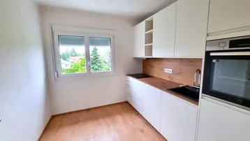 Moderne Küche mit weißen Schränken, Holzakzenten und Blick ins Grüne durch das Fenster.