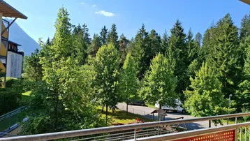 Weitläufiger Blick vom Balkon auf einen dichten grünen Wald und die umliegende Natur.