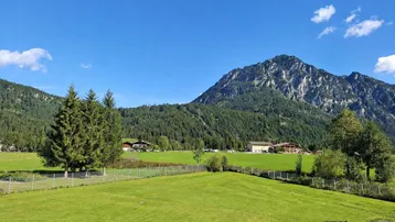 Panoramablick auf grüne Wiesen und majestätische Berge unter blauem Himmel.