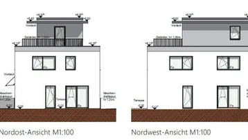 Architektonische Ansichten des Gebäudes von verschiedenen Seiten mit Flachdach und Balkonen.