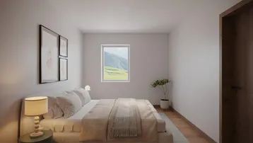 Gemütliches Schlafzimmer mit Doppelbett, Holzboden und Fenster mit grüner Aussicht.