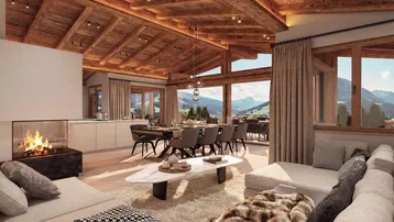 Geräumiger Wohn- und Essbereich mit Holzbalkendecke, modernem Kamin und Panoramablick auf die Berge.
