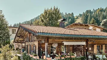 Traditionelles Holzchalet mit rustikalem Charme und Blick auf bewaldete Hügel in sonniger Lage.